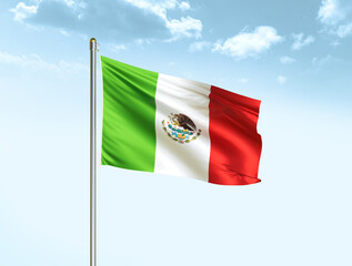 Mexico national flag waving in blue sky with clouds. Mexico flag. 3D illustration