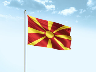 North Macedonia national flag waving in blue sky with clouds. Macedonia flag. 3D illustration