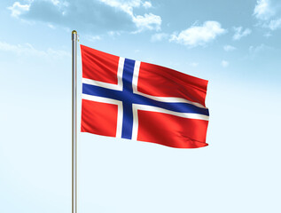 Norway national flag waving in blue sky with clouds. Norway flag. 3D illustration