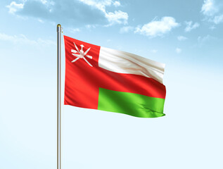 Oman national flag waving in blue sky with clouds. Oman flag. 3D illustration