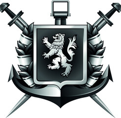 black and white coat of arms with shield, arms, lion and ribbon