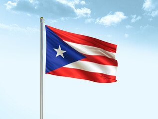 Puerto rico national flag waving in blue sky with clouds. Puerto rico flag. 3D illustration