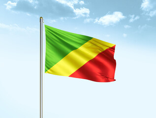 Republic Congo national flag waving in blue sky with clouds. Republic Congo flag. 3D illustration