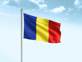 Romania national flag waving in blue sky with clouds. Romania flag. 3D illustration
