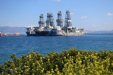 Crude oil drill ships anchored near bay of Salamina, Attica, Greece