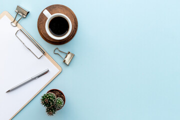 Flatlay of office workplace supplies, top view