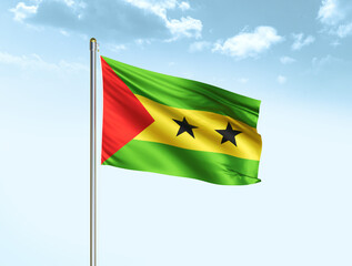 Sao Tome and Principe national flag waving in blue sky with clouds. Sao Tome and Principe flag. 3D illustration