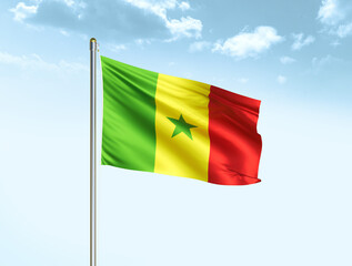 Senegal national flag waving in blue sky with clouds. Senegal flag. 3D illustration