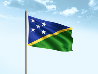 Solomon Islands national flag waving in blue sky with clouds. Solomon Islands flag. 3D illustration