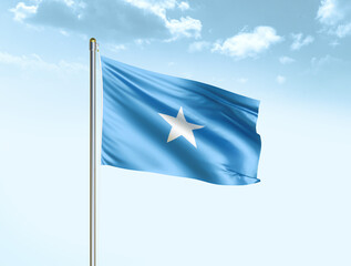 Somalia national flag waving in blue sky with clouds. Somalia flag. 3D illustration