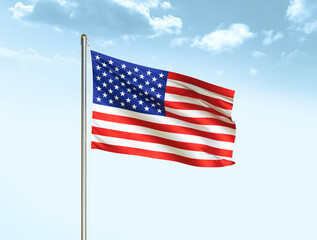 USA national flag waving in blue sky with clouds. America flag. 3D illustration