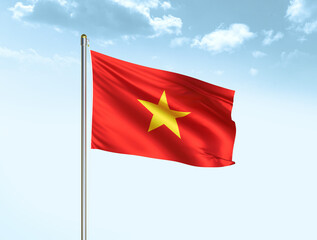 Vietnam national flag waving in blue sky with clouds. Vietnam flag. 3D illustration