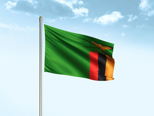 Zambia national flag waving in blue sky with clouds. Zambia flag. 3D illustration