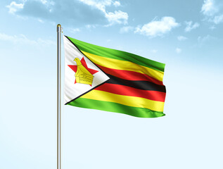 Zimbabwe national flag waving in blue sky with clouds. Zimbabwe flag. 3D illustration