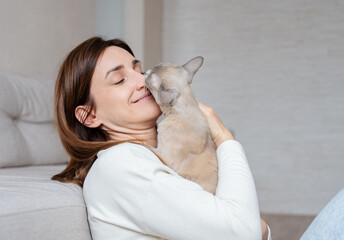 cat licks the nose of a young beautiful woman. Burmese cat licking or kissing woman's nose. Cat and owner together