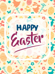 Happy Easter vector card. Rabbits and eggs. Holiday card