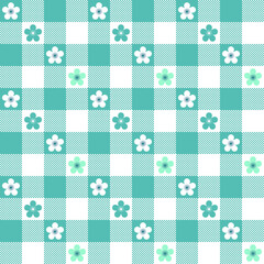 Blue checker pattern on white background. Blue and white flowers in blue square boxes pattern. Vertical and horizontal crossing lines on white background.