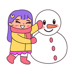 Isolated girl snowman winter kids play enjoy vector illustation