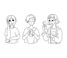 Collection of three pretty young girls talking on the telephone, communication on the smartphone. Vector outline illustraton