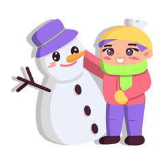 Isolated boy snowman winter kids play enjoy vector illustation