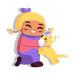 Isolated girl dog snow winter kids play enjoy vector illustation