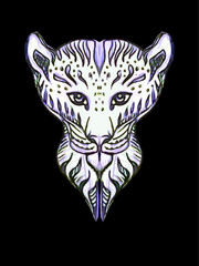 Ornate snow leopard head on a black background. Grunge snow leopard symbol for prints on T-shirts, textiles, fashion trends, interior solutions, cover, wallpaper, tattoos, cards, posters, fabric, etc.