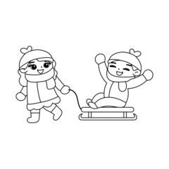 Isolated girl boy snow draw winter kids play enjoy vector illustation