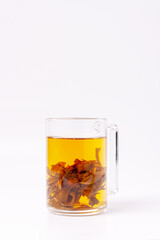 glass with green tea on white background, copy space