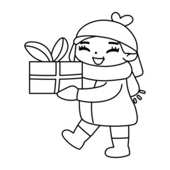 Isolated girl gift snow draw winter kids play enjoy vector illustation