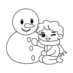 Isolated boy snowman draw winter kids play enjoy vector illustation