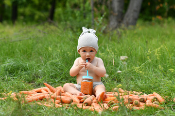 A little boy, one 1 year old, holding a jar of carrot juice on a pile of carrots in nature near a forest in a clearing and holds carrots in his hands.