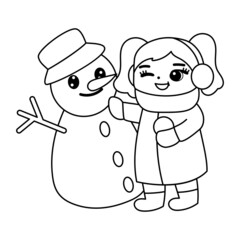 Isolated girl snowman draw winter kids play enjoy vector illustation