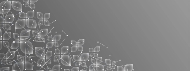 Halftone background frame. Design of transparent glass petals, glass morphism. Texture plexus of  neural network. Connecting lines, dots, stars. Poster technology, medicine, business. Vector