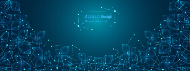 Neon blue arch background. Design of transparent glass petals, geometric shapes. Texture plexus of neural network. Connecting lines, dots, glowing stars. Poster technology, medicine, business. Vector