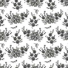 Bouquet of Daisies. Floral Seamless Pattern. Vintage Outline Flowers. Ditsy print. Black and White Vector illustration