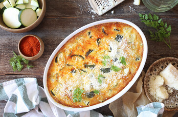 French cuisine. Vegetable zucchini clafoutis with Parmesan cheese