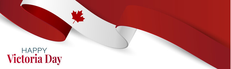 Victoria Day Canada Holiday banner background. Waving ribon, national white and red flag with maple leaf style. Vector illustration with lettering.
