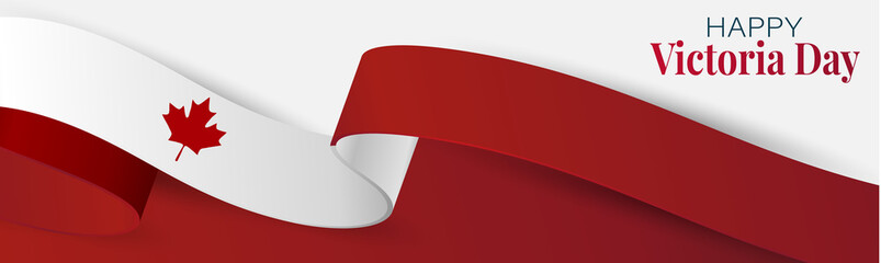 Victoria Day Canada Holiday banner background. Waving ribon, national white and red flag with maple leaf style. Vector illustration with lettering.