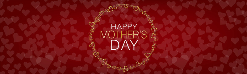 Mothers Day banner, website or newsletter header. Golden hearts circular garland on red background. Vector illustration.