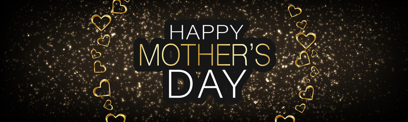 Mothers Day banner, website or newsletter header. Golden hearts circular garland on black background. Vector illustration.