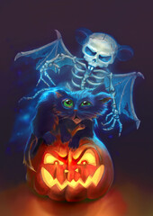 Happy halloween card with pumpkin, black cat, mouse ghost. Cute childish illustration.