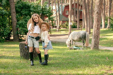 Cheerful preteen sisters hugging on lawn between pine trees on country estate on background of gray pony