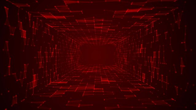 Animated red intro background logo frame. Design moving mosaic tunnel. Texture glowing neon connecting lines, triangles, dots. Hypnosis. Living walls. Outer space. World wide web. Neural network. 4k