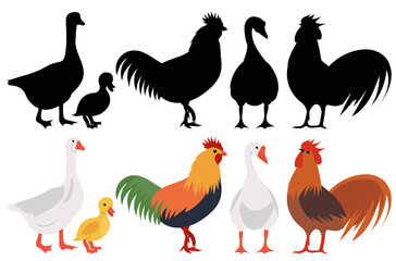 geese and roosters flat design, isolated, vector