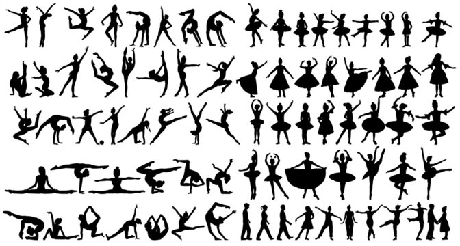 kids gymnasts, ballerinas, silhouette set isolated vector