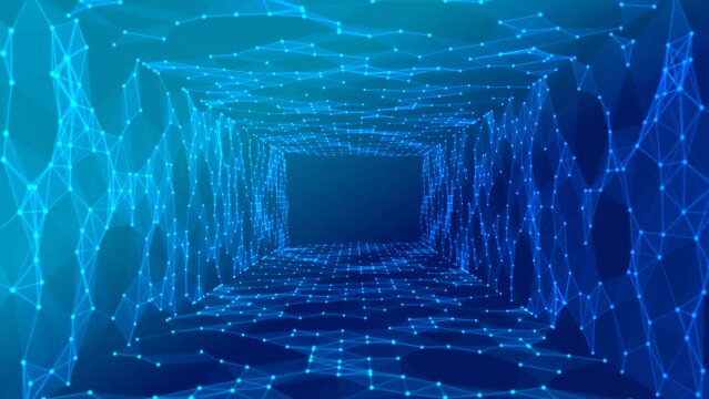 Animated blue intro background logo frame. Design moving mosaic tunnel. Texture glowing neon connecting lines, triangles, dots. Hypnosis. Living walls. Outer space. World wide web. Neural network. 4k