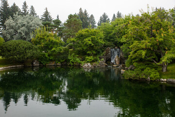 Fototapeta na wymiar Japanese garden waterfall with gorgeous summer trees