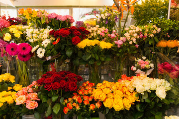 beautiful bright interior of a flower shop in Ukraine with bouquets collected by professional florists