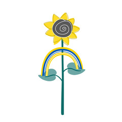 Cute sunflower holding a doodle rainbow in Ukrainian flag yellow and blue colours. Hope and peace concept. Vector illustration isolated on white