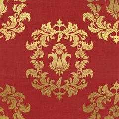 Vintage tapestry texture background. Scrapbook red paper with gold baroque pattern